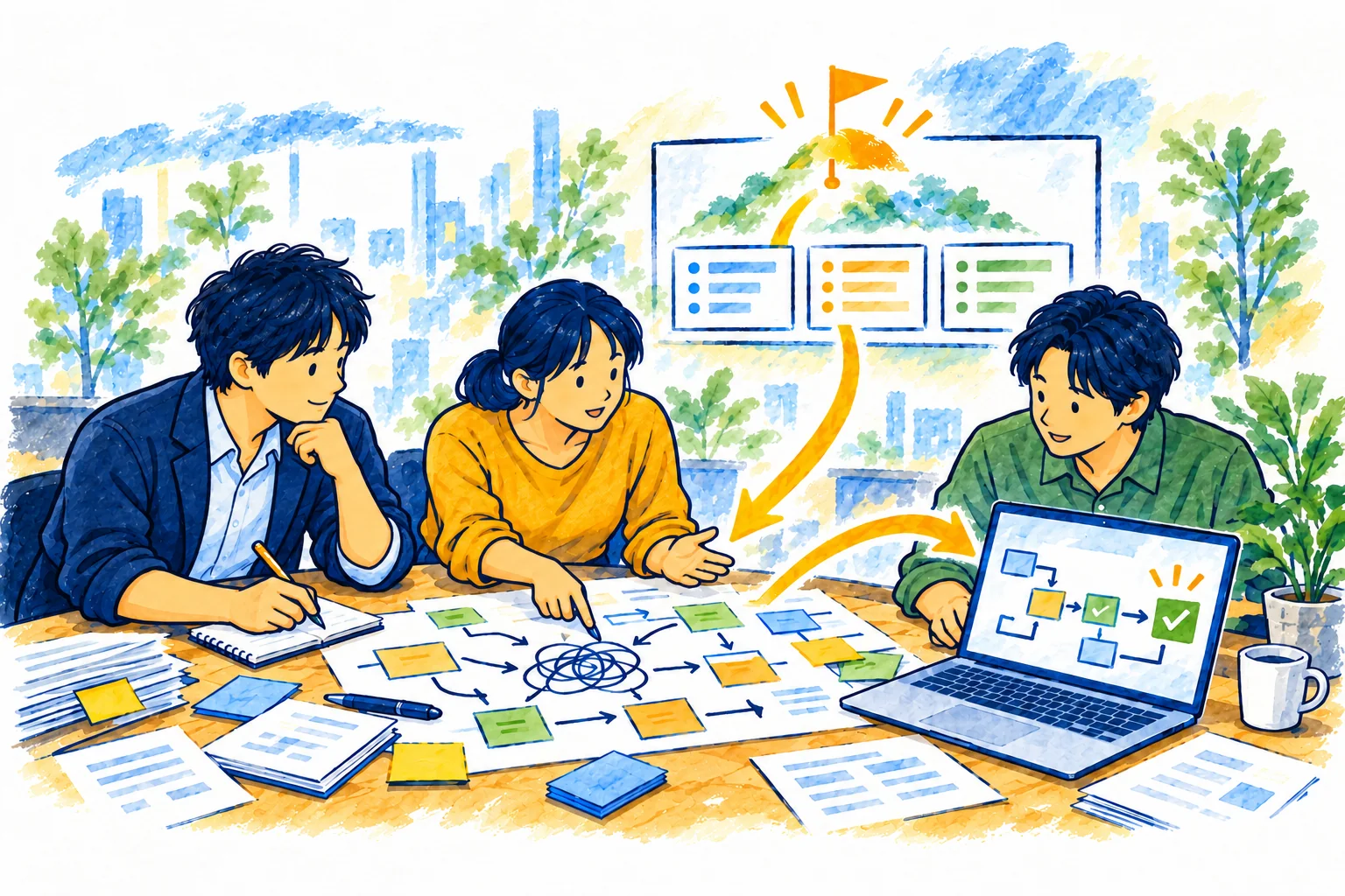 現場の話を聞き、経営の意図と実際に動く仕組みを一緒につなぐ様子